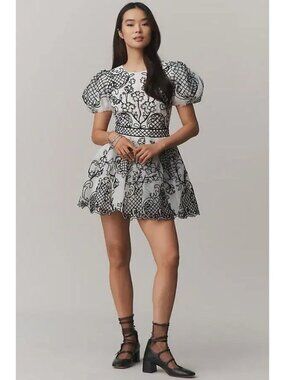 Maeve Puff-Sleeve Mini Party Skirt Dress Women's Size US 6 / UK 10 White Black